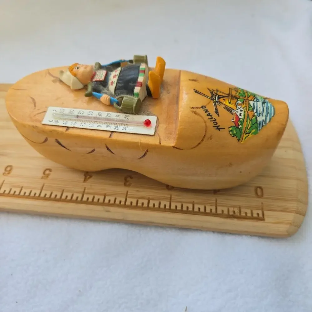 Vintage Wall Wood Thermometer Delft Shoe Figurine Clog Dutch Holland Female